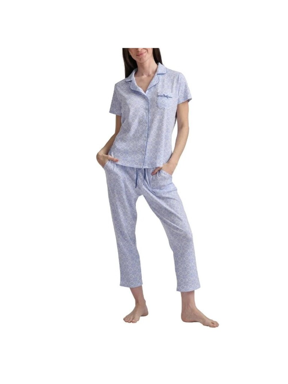 Karen Neuburger Women's L 2-Piece Pajama Blue Natural Stretch Soft Cotton P0410